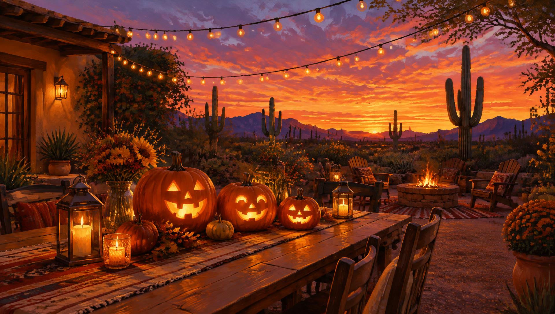 Glowing jack-o-lanterns in a desert backyard
